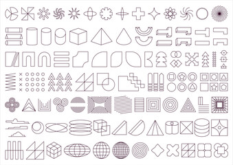 A set of 112 geometric shapes inspired by different art styles like abstract, brutalist, y2k and retro futurist, modernist. Unfilled outline shapes for your own designs