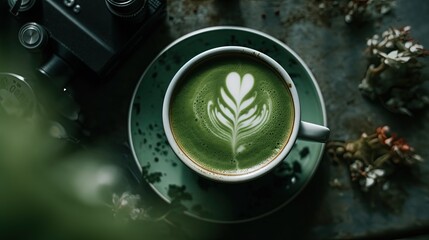 View from above of matcha latte. Generative AI