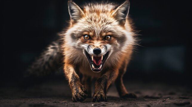 portrait of an angry fox attacking mode, showing teeth running towards enemy, black background, generative ai