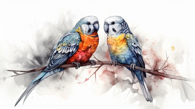 Two adorable parakeets birds sitting on a tree branch in style of watercolor illustration. Generative AI