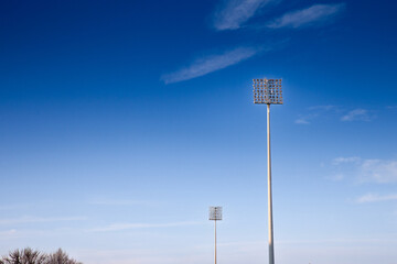 Stadium floodlights, used to lit a sports arena, also called reflectors or projectors, during a...