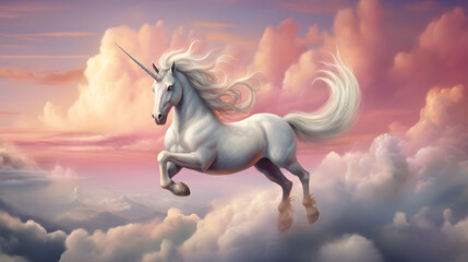 Fototapeta na wymiar Adorable Unicorn on Flying Cloud 