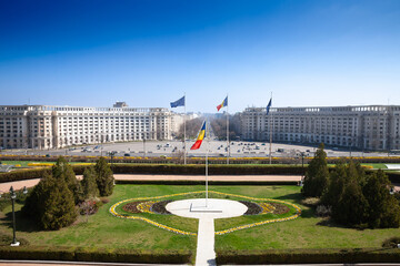 Panorama of the Piata constitutiei, constitution square, in Bucharest Romania, seen from Palace of...