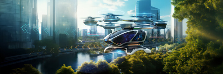 generic futuristic manned roto passenger drone flying in the sky over modern city for future air transportation and robotaxi concept as wide banner with copy space area - Generative AI
