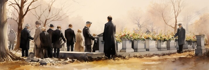 Grieving family wearing black clothing at a funeral. AI Generative Art.	