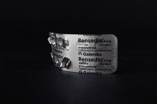 BELGRADE, SERBIA - MARCH 3, 2023: Selective blur on a blister pack of bensedin, the serbian Diazepam a prescription drug medicine of painkiller anxiolytic and antidepressant half empty.
