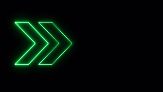 Green neon colored swipe right arrow animation video. Blinking direction arrows, loopable overlay footage on transparent background. Advertising, social media concept. Alpha channel included.