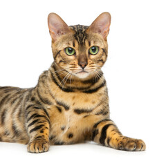 Portrait of beautiful bengal cat isolated over white background. Closeup. Copy space.