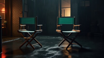 Obraz na płótnie Canvas Two directors chairs in a dark room. Generative AI