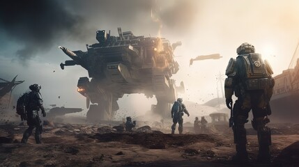 War with soldiers and cyborg machine. Generative AI