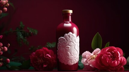 Magnificent bottle of alcohol with flower decorations on burgundy background. Generative AI