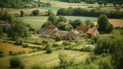 Naklejka premium Village landscape in summer. Generative AI