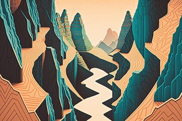 Abstract mountains with river. in style of vector illustration. Generative AI