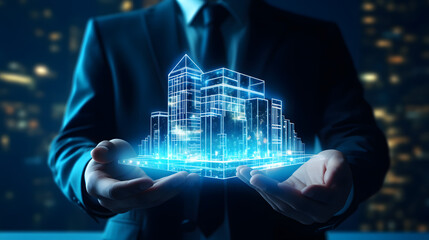 Business man with design modern building blue hologram. Real estate for investment 
 - obrazy, fototapety, plakaty