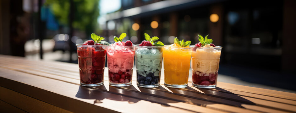 summer cool slush or smoothie iced fruit juice dispenser machine for refreshing chilled drinks in multi colored containers - Generative AI