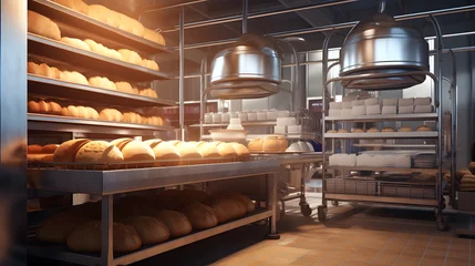 Abwaschbare Fototapete Bäckerei Commercial  professional bakery kitchen and stainless steel convection  bread bun baking in deck oven  kneading machine  pasta dough on table  cabinet and ingredient for baking business background 3D 