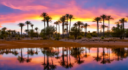 beautiful oasis with a water hole in the middle of the desert with a beautiful sunset in high resolution and sharpness