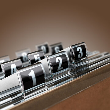 3D illustration of files classified by chronological order over brown background