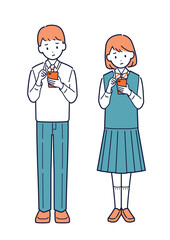 困った顔でスマホを操作する中学生の男女＿全身