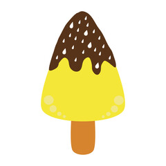 Yellow triangle ice cream drawing with brown chocolate glaze on top and sprinkle water drop shaped white topping.