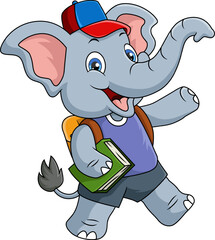 Cute elephant carrying book and backpack