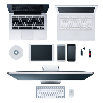 Laptops, desktop computer, smartphones, cd, usb stick and tablet on hi-tech white desktop, multiplatform and information technology concept