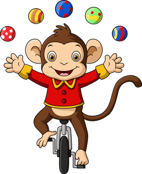 Cute circus monkey with riding one wheel bike and juggling balls
