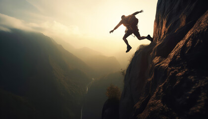 Obraz premium Morning Sunshine and Backpacking Thrills Exploring Nature's Wonders with Generative AI and an Adventurous Spirit. A Hiker's try Leap of Success amidst Majestic Mountains and the Endless Sky