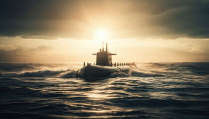 Obraz premium Nautical vessel and a submarine on the water's surface. Clouds and a sunset over the ocean. A breathtaking scene of transportation on the waves. Generative AI