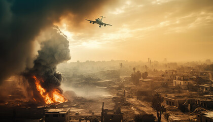 Witness an intense aerial battle in the city skyline as fighter jets engage in combat, creating explosions damage. Speed and power of military aircraft in mid-air during war scenario. Generative AI