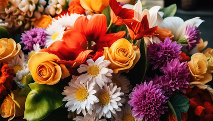A stunning Diverse blooms bouquet of fresh flowers in vibrant colors, including pink and yellow roses, showcases nature delicate beauty. Generative AI