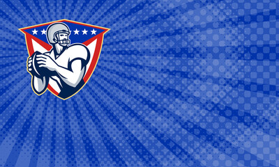 Business card showing Illustration of an american football gridiron quarterback player throwing ball facing side set inside crest shield with stars and stripes flag done in retro style.