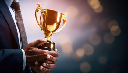 Celebratory moment, a successful individual businessman holds a prestigious trophy, representing...