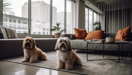 A group of domestic animals, specifically dogs, are seen in a high-rise building with windows. The architecture of the city and condominium serves as  backdrop for canine-themed image. Generative AI - obrazy, fototapety, plakaty