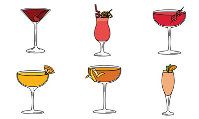 Set of colored tropical cocktail sketch icons Vector