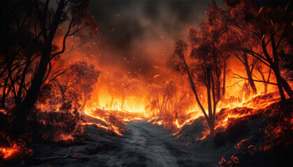 Devastating Beauty of a Burning Forest at Night, Crafted by Generative AI in a Dramatic Landscape Dark Wilderness Ablaze Witnessing the Intense Flames of a Nocturnal Forest Fire