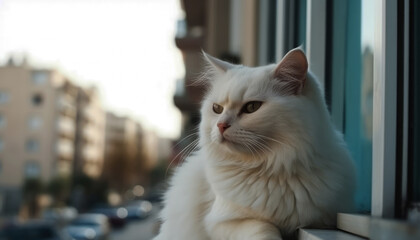 A small to medium-sized white cat with long fur sits in the city, looking intently. This domestic cat, belonging to the felidae family, is a pet and is seen in a urban environment. Generative AI