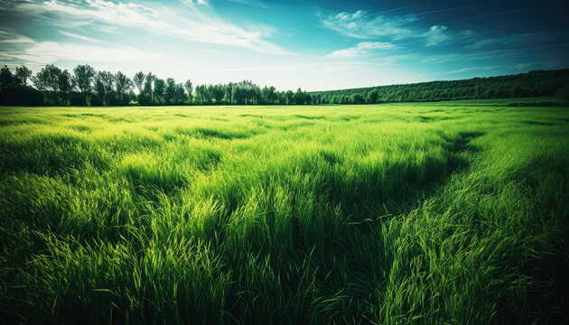 field, grass, grassy, green, sky, background, tree, sunny, empty, meadow, nature, summer, blue, day, lush, countryside, landscape, agriculture, spring, sun, clouds, wheat, horizon, rural, farm, countr