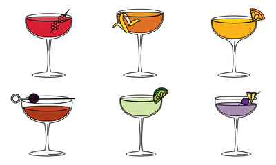Set of colored tropical cocktail sketch icons Vector