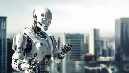 Naklejka premium Innovative architecture and futuristic cityscape with a white cyborg robot in a built structure. Generative AI