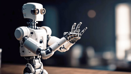 White robot humanoid portrait with copy space background. Generative AI