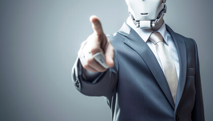 The chief artificial intelligence robot commands humans and dominates by pointing the index finger, leading a robotic force. Businessman wears a mask, showcases AI expertise. Generative AI