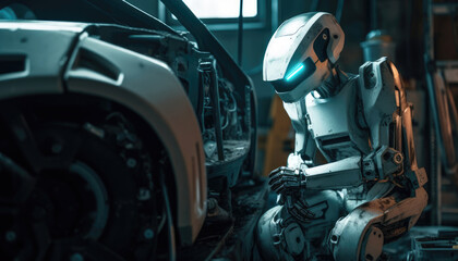 Advanced AI lab, robot self repairs in spacious garage. Mechanical precision and cutting-edge technology showcase the future of tech innovation. Generative AI