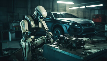Advanced AI lab, robot self repairs in spacious garage. Mechanical precision and cutting-edge technology showcase the future of tech innovation. Generative AI