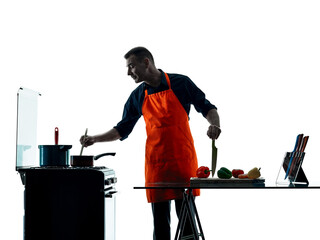 one caucasian man cooking chef silhouette isolated on white background