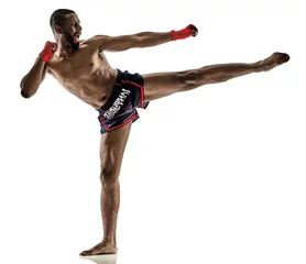 Fotobehang one caucasian Muay Thai kickboxing kickboxer thai boxing man isolated on white background © Designpics