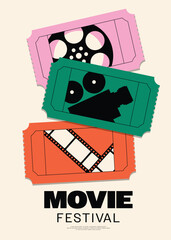 Movie poster design template background with vintage film ticket