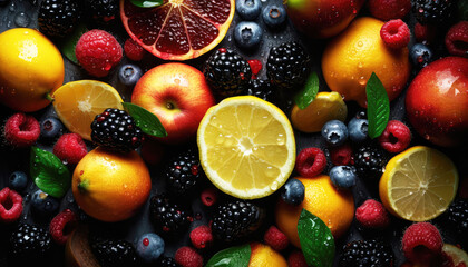 Abundance of fresh, mixed fruit. No people. Vibrant, multi-colored. Perfect for food and drink projects. Wellbeing and healthy eating. Generative AI