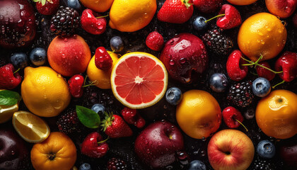 Abundance of fresh, mixed fruit. No people. Vibrant, multi-colored. Perfect for food and drink projects. Wellbeing and healthy eating. Generative AI