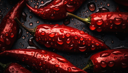 Close-up of red chili peppers, a spicy and healthy vegetable with water drop and wet dew. Fresh and healthy spice vegetable for wellbeing
